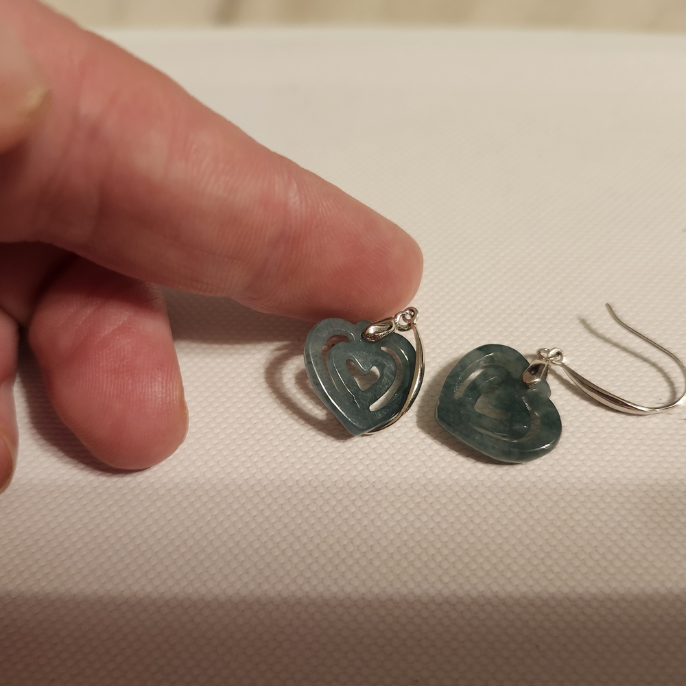 Silver Heart Earrings with Green Accents